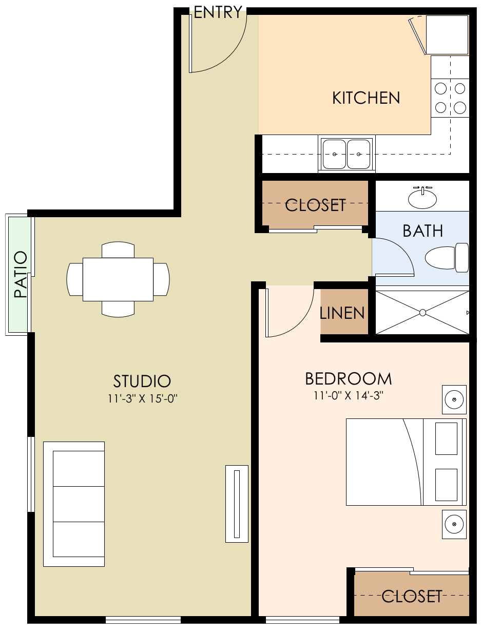 Floor plan for 1 bed, 1 bath, 626 sqft